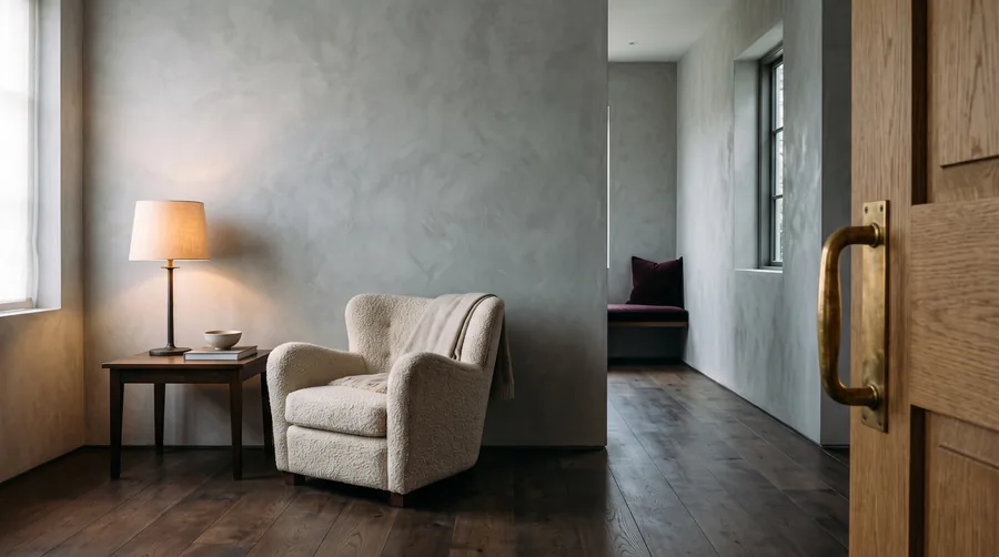 A living room in late afternoon light, its materials marked point by point