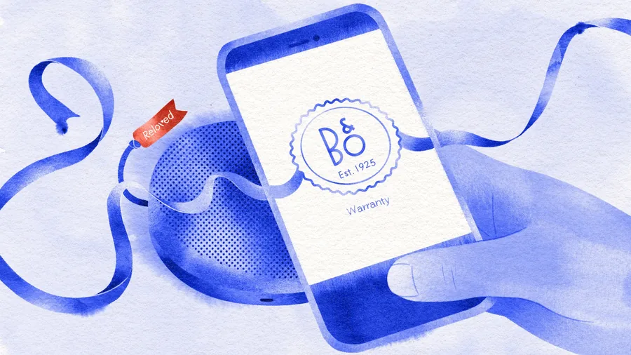 Bang & Olufsen Reloved illustration of a smartphone with a warranty certificate beside a speaker tagged Reloved