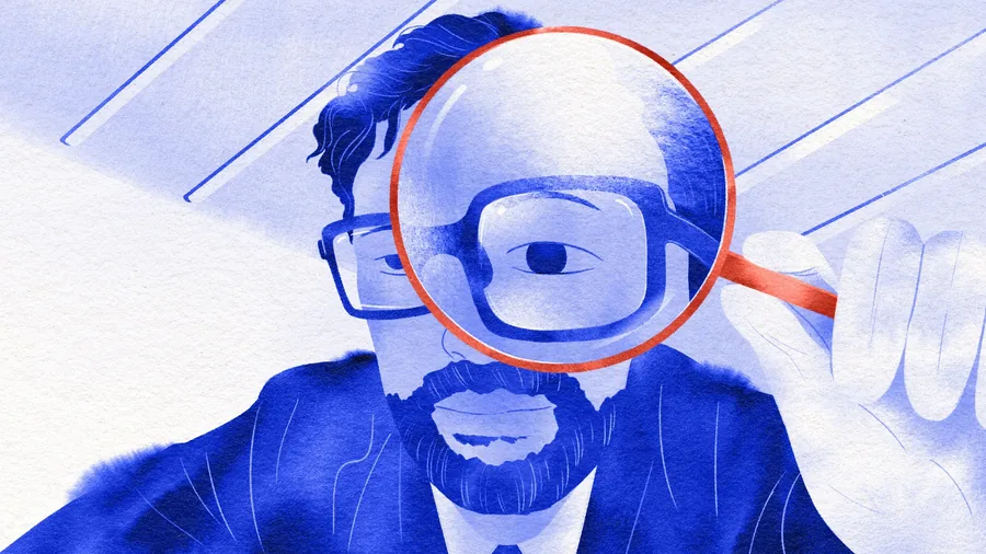Bang & Olufsen Reloved illustration of a technician inspecting a product through a magnifying glass