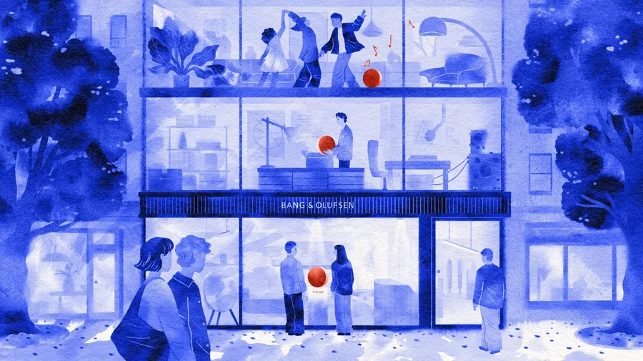 Bang & Olufsen Reloved illustration of a Bang & Olufsen store with a Reloved display in the window