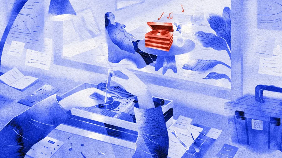Bang & Olufsen Reloved illustration of hands refurbishing a turntable on a workbench